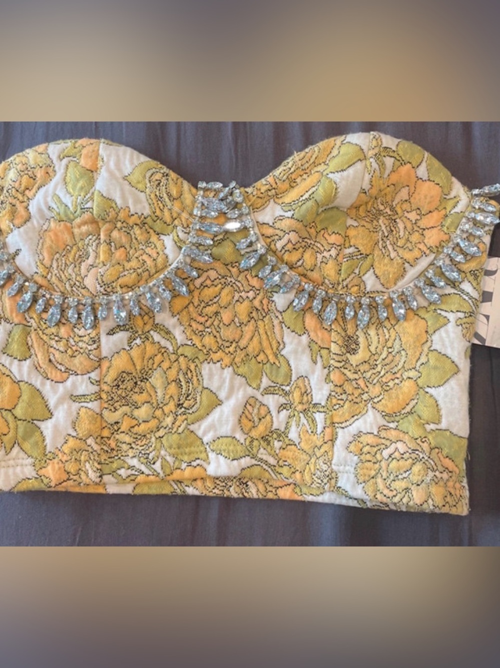 NWT Zara Yellow Floral Brocade Strapless Crop Top – Petite Friendly Size XS